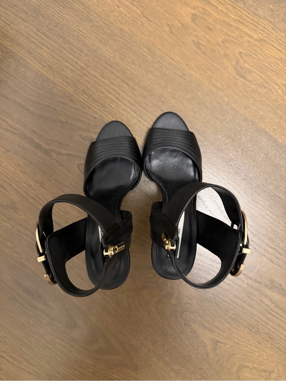 Karl Lagerfeld Black Open-Toe Ankle Strap Heels with Gold Buckle